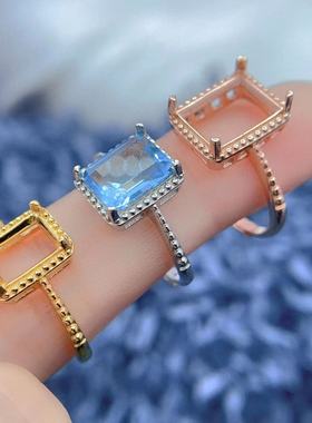 S925银长方形蓝宝石戒指空托