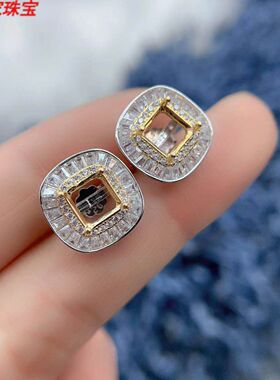 s925纯银耳钉空托方形6*6mm