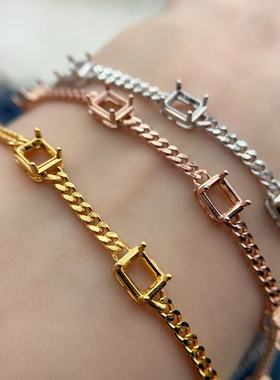 S925银新款古巴链手链空托4*5