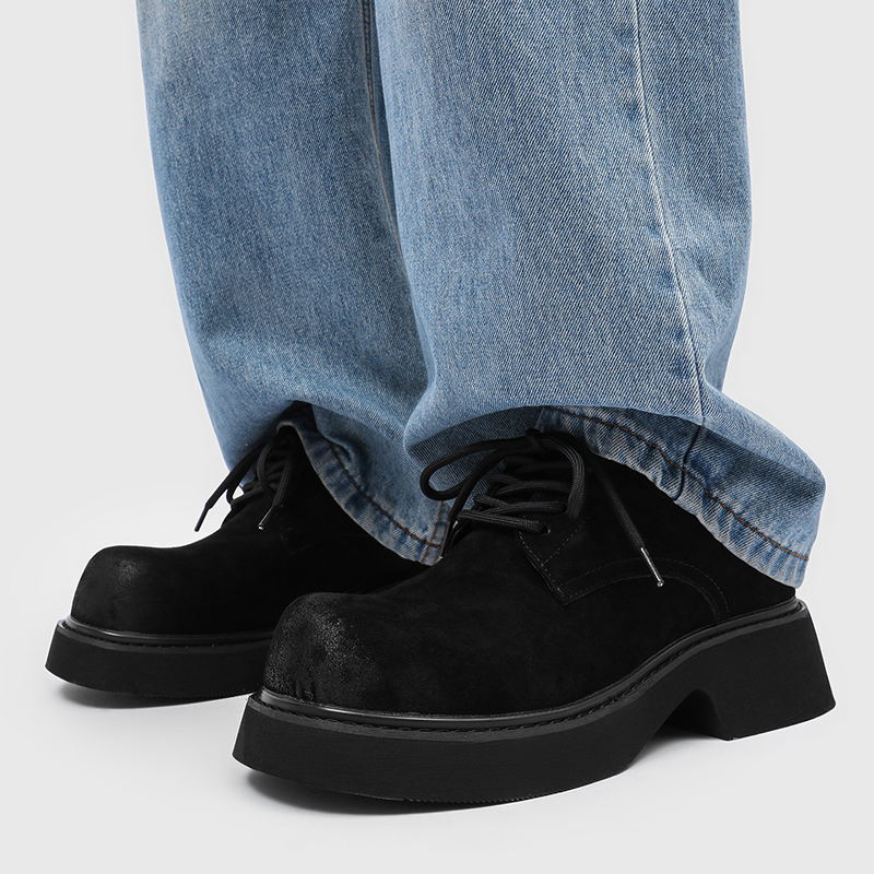 2025新款德比鞋男厚底增高圆头系带休闲皮鞋英伦风复古通勤大头鞋 - 图0