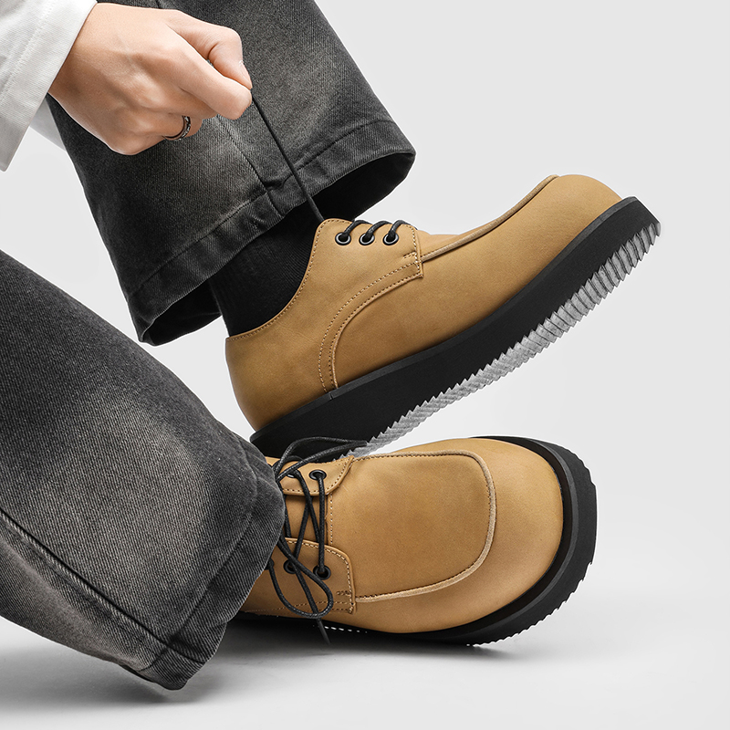 2025新款男士英伦风厚底德比鞋男大头系带休闲皮鞋内增高百搭男鞋 - 图1