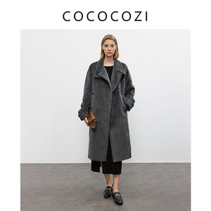 COCOCOZI【高知通勤】重磅进口阿尔巴卡苏力羊毛皮草感大衣外套女