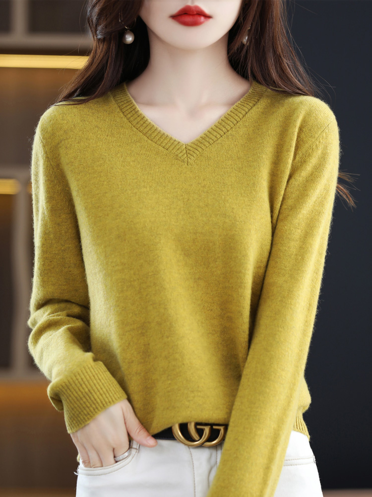 羊毛衫女2025秋季新款V领毛衣宽松显瘦套头长袖羊绒针织打底衫 - 图1