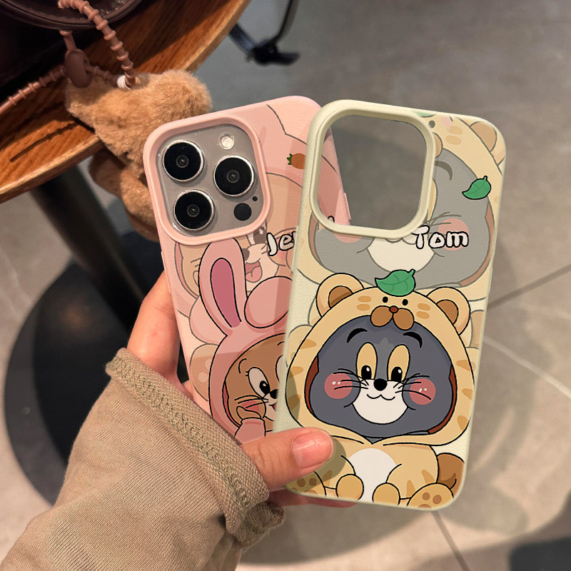 ins可爱卡通汤姆杰瑞适用苹果15promax手机壳iPhone14女新款13皮质12时尚11情侣荔枝纹15Pro防摔14pro保护套