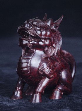 金星印度小叶紫檀麒麟手把件孤品