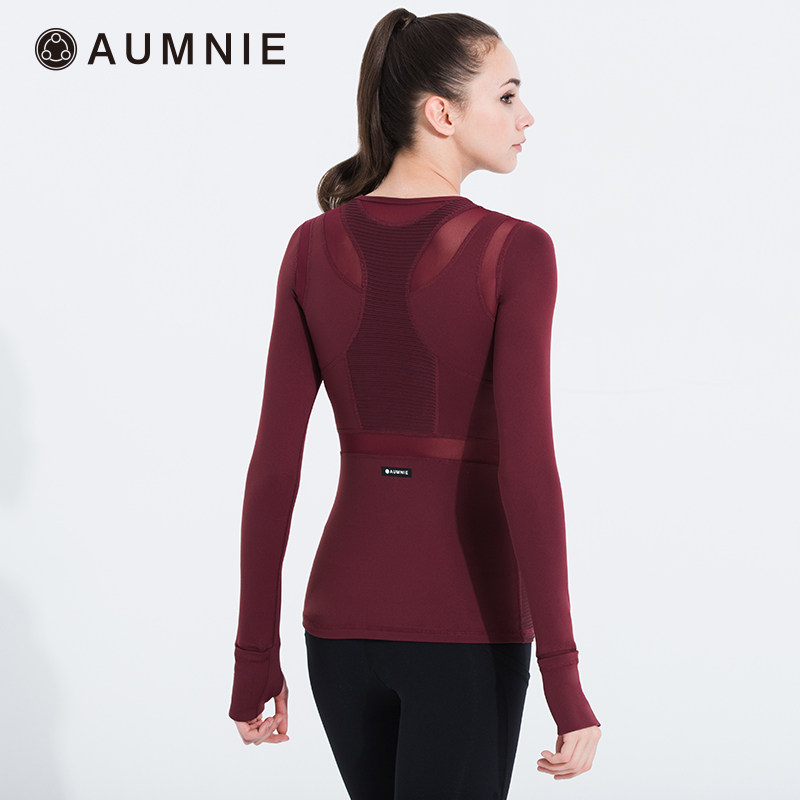 AUMNIE澳弥尼塑形拼接网布T恤女含胸垫速干透气长袖运动跑步瑜伽,淘宝优惠券,粉丝福利购,淘宝优惠卷
