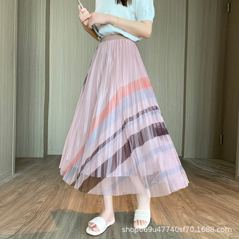 Printed Pleated Pleated A-Line Skirt印花弹力腰百褶大摆A字-图2