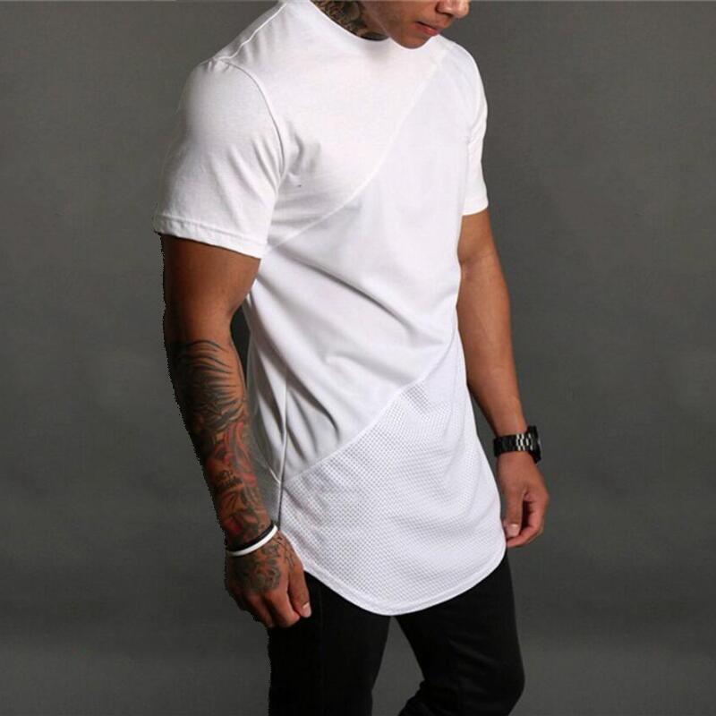 2023 white men's long T-shirt sports fitness short sleeves - 图0