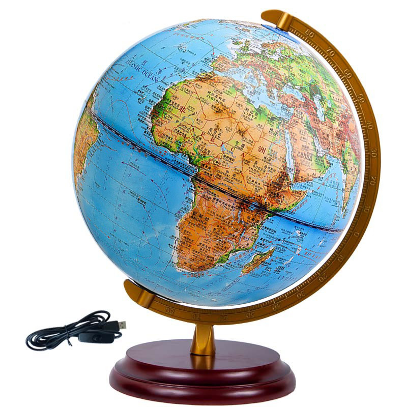 志诚 分成设色地形地球仪初中生专用32CM地球仪灯光led高清中英文地貌中学生用书房摆件木质底座教学版台灯 - 图0