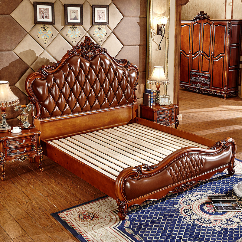 欧式皮床双人床1.8米主卧床婚床实木床床头柜太子床卧室家具组合
