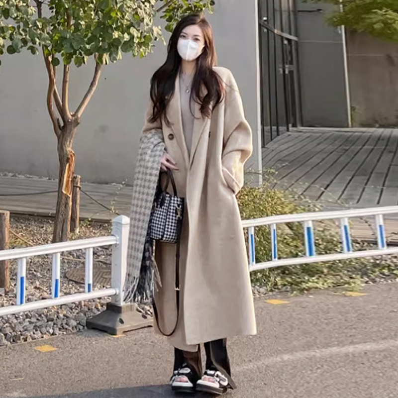 韩系高级感毛呢外套大衣秋冬季2025年新款女小个子气质中长款风衣 - 图1