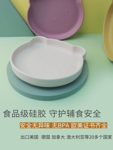宝宝一体式吸盘餐盘儿童硅胶卡通熊餐具婴儿吃饭辅食碗叉勺套餐 - 图2