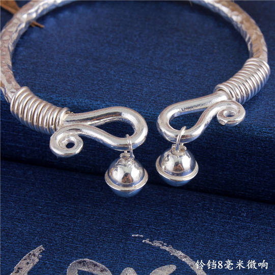 纯手工999纯银脚镯女链子大人响铃铛开口足银脚环小孩实心银手镯