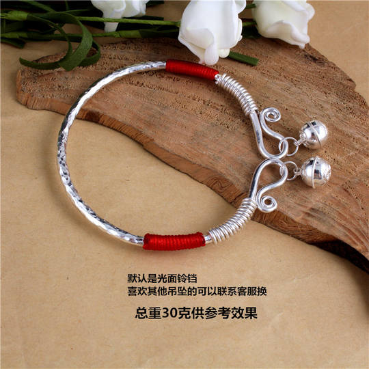 纯手工999纯银脚镯女链子大人响铃铛开口足银脚环小孩实心银手镯