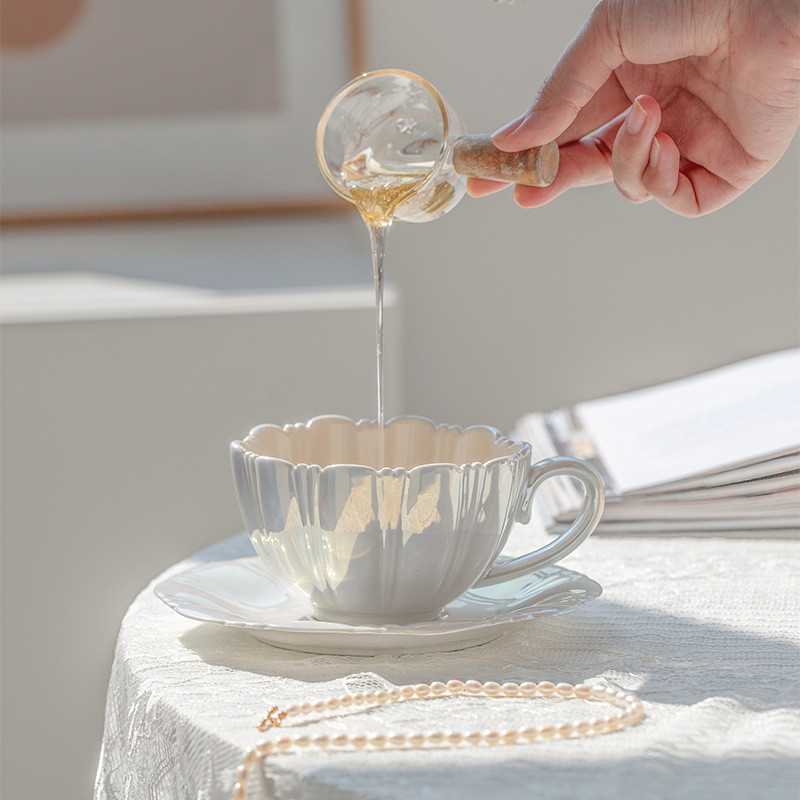 花瓣咖啡杯碟套装ins珍珠人鱼姬陶瓷水杯礼品杯子下午茶马克杯女 - 图0