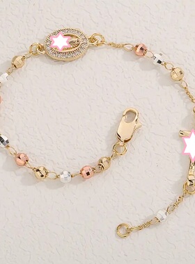 保色铜十字架镶钻珠链女手链