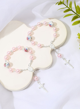 热销粉色蓝色陶瓷花朵手链十字架手持念珠手串饰品后视镜挂饰