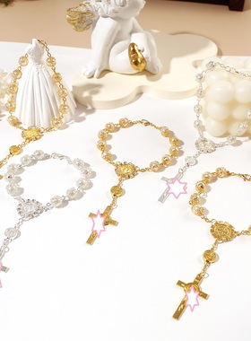 金银色花边玻璃仿珍珠十字架手链