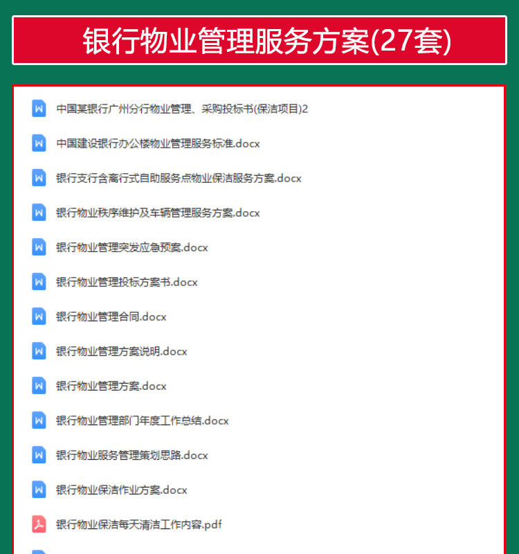 银行物业管理服务方案及投标方案书保安保洁工作总结制度岗位职责 - 图0