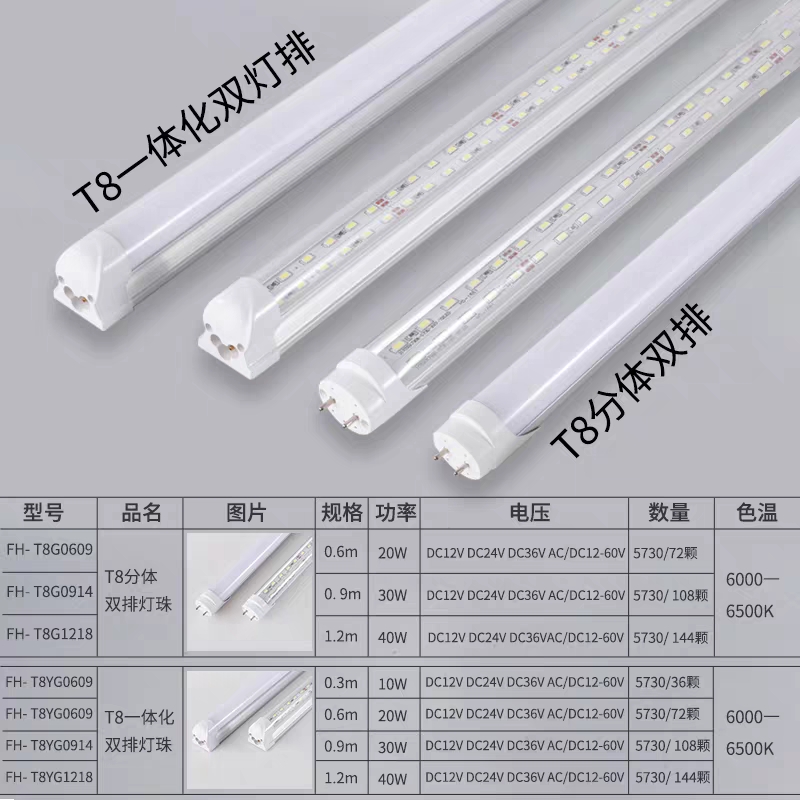 低压LED双排日光灯T8一体化直流12V24V36V低压灯管18W28W38W全套-图0