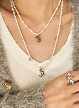 夏苒XIARAN「小熊项链」植绒小熊吊坠项链女小众锁骨链珍珠项链女