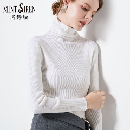 MintSiren高领打底羊毛衫女长袖套头翻领内搭修身螺纹毛衣冬 - 图3