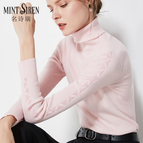 MintSiren高领打底羊毛衫女长袖套头翻领内搭修身螺纹毛衣冬 - 图1
