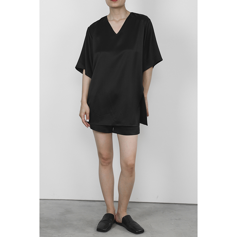 JUZININE原创设计 重磅真丝短袖衬衫  桑蚕丝素绉缎V领T恤,淘宝优惠券,粉丝福利购,淘宝优惠卷