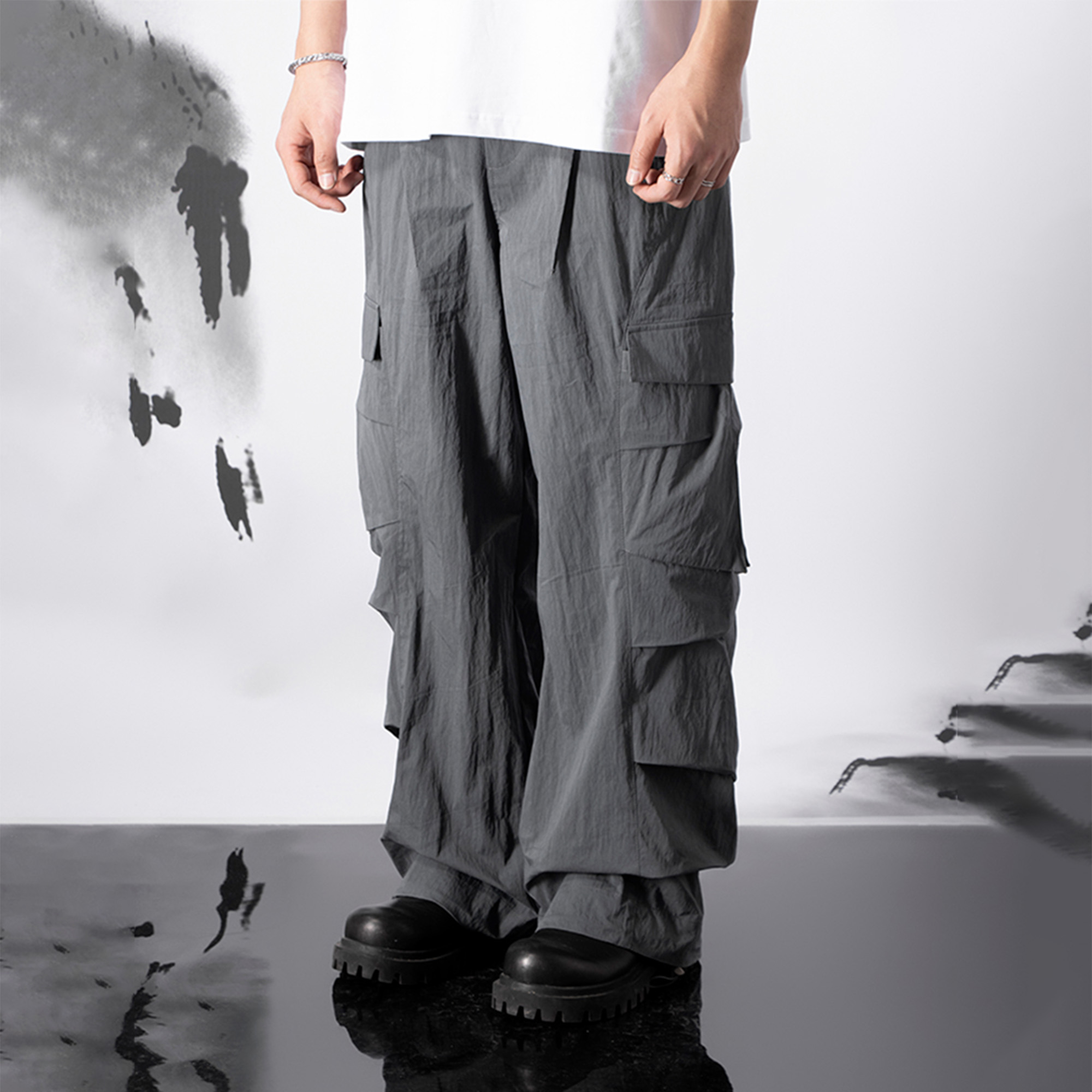 BSN1负一层 【龙鳞伞兵】国潮褶皱工装裤休闲长裤直筒裤男女 - 图1