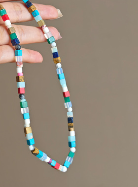 森系法式复古串珠多巴胺彩色项链女小众高级感锁骨链叠戴百搭颈链