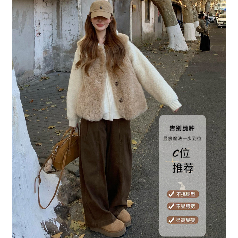 美拉德棕咖色加绒阔腿牛仔裤女2025冬季新款高腰显瘦直筒休闲裤子,淘宝优惠券,粉丝福利购,淘宝优惠卷