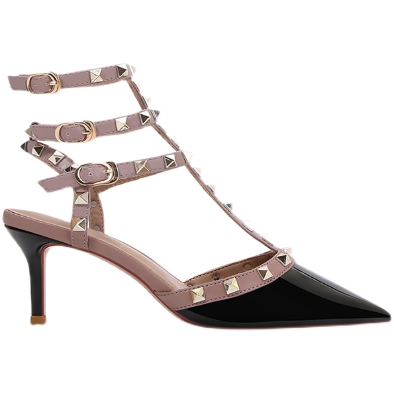 铆钉高跟凉鞋细跟真皮绑带一字扣尖头女工作鞋柳钉罗马时装气质鞋 - 图3