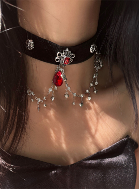 暗黑哥特红水晶流苏choker项链