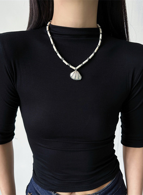 法式珍珠贝壳吊坠锁骨链女轻奢