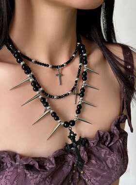 暗黑朋克风多层黑色串珠十字项链