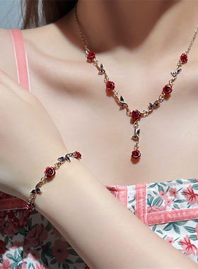 甜酷辣妹风玫瑰花朵项链女