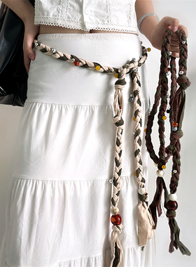 波西米亚风撞色编织串珠长款腰链