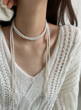 欧美轻奢风长款双层珍珠流苏项链