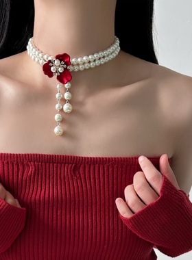一朵红花双层珍珠流苏choker项链