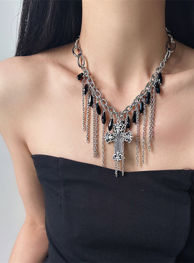 复古黑色水滴流苏十字架锁骨链