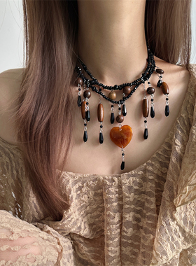 复古欧美风黑色串珠爱心水滴项链
