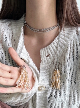 日韩长款ins风米黄色麦穗项链