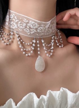 法式宽版蕾丝珍珠水滴流苏脖颈链