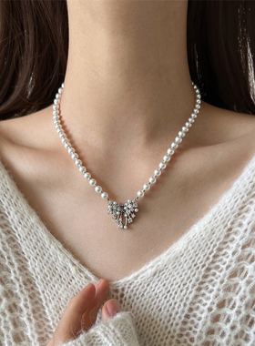 法式公主风蝴蝶结锆石珍珠项链
