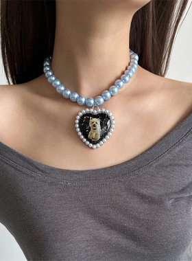 甜酷可爱风紫色夸张珍珠小狗项链