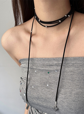 波西米亚风银色爱心皮绳颈链