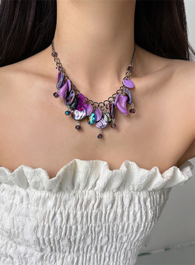 复古紫色亮片流苏锁骨链设计感