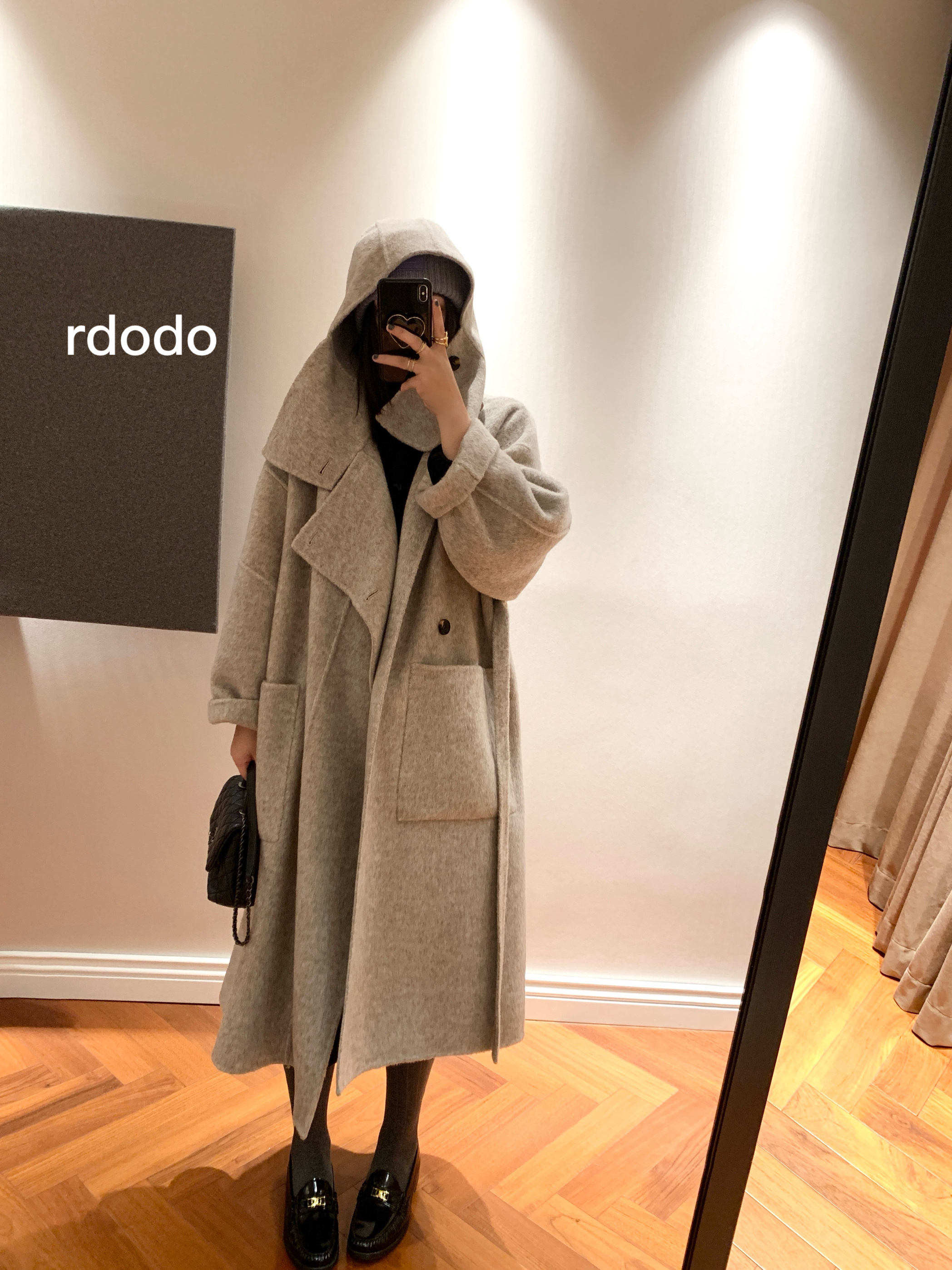 Rdodo自线优化Lemaire秀款连帽立领大口袋系带羊驼毛羊毛风衣大衣 - 图1