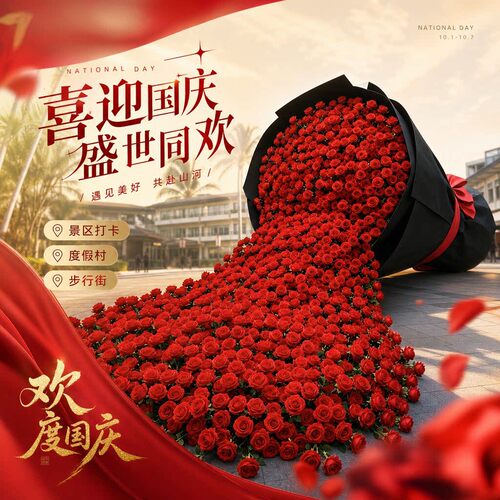 国庆节装饰红色花艺巨型倾倒玫瑰瀑布装置商业街景区节庆场景定制 - 图1