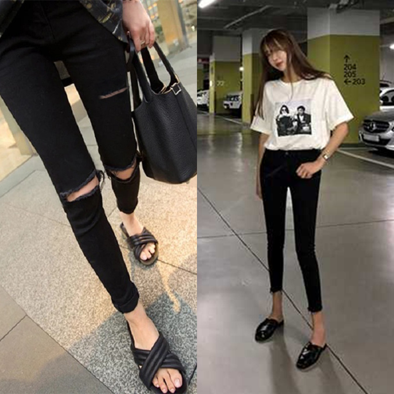 haoall旗舰店黑色破洞牛仔裤女夏新款潮韩版显瘦八分紧身小脚裤百搭高腰九分裤0